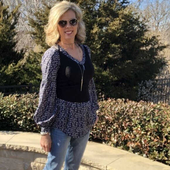 Cabi Te Amo Printed‎ Balloon Sleeve Blouse S Blue Top - Picture 10 of 11